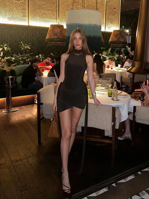 Elegant Sleeveless High Neck Elastic Slim Lace up Dress Women Tight Party Club Evening Dress Elegant Short Dress Vestido - AUDIO BOOKS - audio - books - book